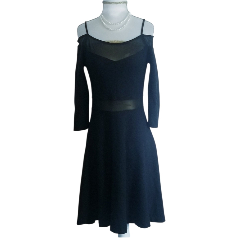 French Connection Black Sheer Mesh Cold Shoulder Long Sleeve Fit and Flare Dress